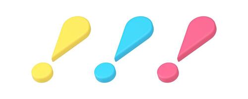Exclamation mark caution attention important information 3d icon set realistic illustration vector