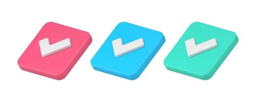 Check mark correct agreement squared button choice confirmation 3d icon set realistic vector