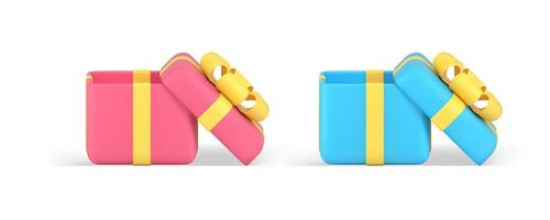 Present cardboard box wrapped container with open cap bow ribbon 3d icon set realistic vector