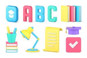Learning education class book reading abc alphabet letter graduation knowledge set 3d icon vector