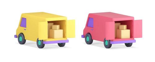 Van lorry full of cardboard boxes with open doors cargo transportation service 3d icon set vector