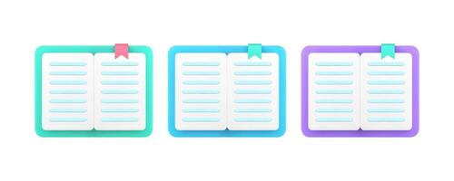 Open paper book with bookmark text pages academic education 3d icon set realistic vector