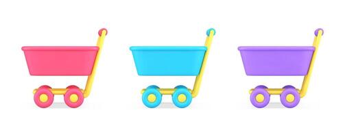 Pushcart supermarket trolley with handle wheels for purchase carrying 3d icon set realistic vector