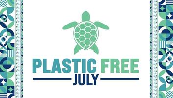 July is Plastic Free July geometric shape pattern background template with turtle picture. use to background, banner, placard, card, and poster design template. A month for the environment. vector