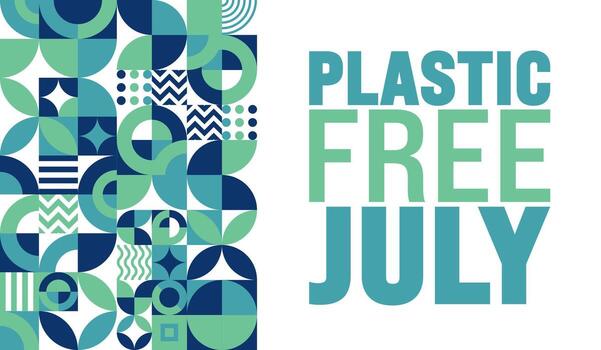 July is Plastic Free July geometric shape pattern background template with turtle picture. use to background, banner, placard, card, and poster design template. A month for the environment. vector