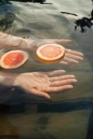 A hands splashes in a fragrant vat of citrus photo
