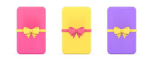 Present container slim package with bow ribbon smartphone enclosed box 3d icon set realistic vector