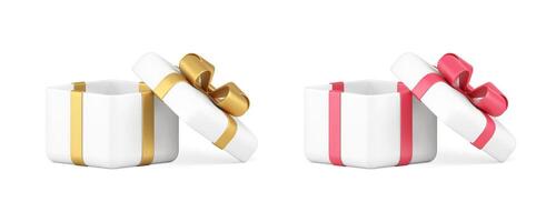 Gift box open greeting wrapped container with bow ribbon for holiday festive 3d icon set vector
