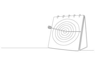 Continuous one line drawing of archery target on desk calendar with bullseye was shot by arrow, monthly business goal concept, single line art. vector