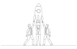 Continuous one line drawing of businesspeople holding rocket to prepare to launch, startup team, launch new project concept, single line art. vector