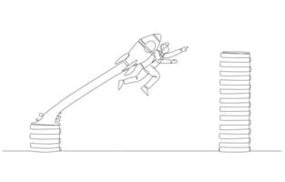 Continuous one line drawing of businessman with rocket booster soaring to higher coin stack, skill development to increase salary concept, single line art. vector