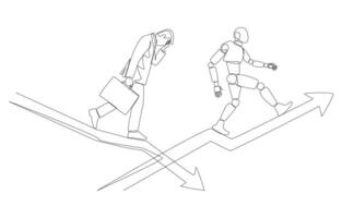 Continuous one line drawing of businessman walking down falling graph while robot walking up rising graph, substituting human labor with technology concept, single line art. vector