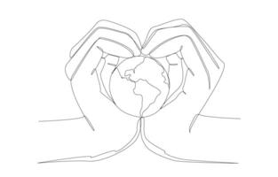 Continuous one line drawing of hands form heart shape to hold globe, environmentally friendly or save our planet concept, single line art. vector