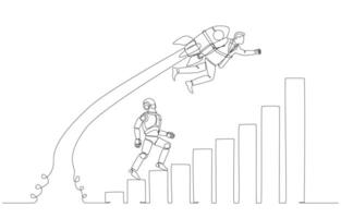 Continuous one line drawing of businessman with rocket booster overtaking robot stepping up on rising bar graph, upskilling in AI era concept, single line art. vector