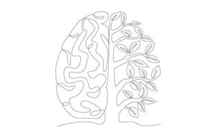 Continuous one line drawing of half human brain and half bountiful tree, environmentally friendly vision, ecology idea concept, single line art. vector