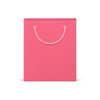 Paper pink cardboard package shopping bag sale discount goods purchasing 3d icon realistic vector