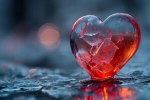 A red heart shaped ice cube resting on a table surface. photo