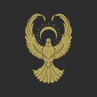 Amazing spiritual bird with raised wings under half moon and rays decorative design grunge texture vector