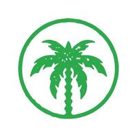 Green palm tree with ornamental trunk and lush foliage leaves in circle frame summer resort vector