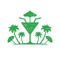 Green artwork summer couple cocktail in goblet with two straw and umbrella at tropical palm tree vector
