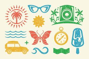 Summer symbols and objects set illustration. Tropical palm tree in sun and jeep for travel vector