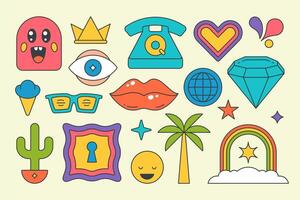Collection psychedelic bright rainbow pop art style graphic elements design cartoon vector