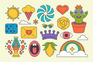 Set multicolored pop art contoured graphic elements decorative design groovy sticker cartoon vector