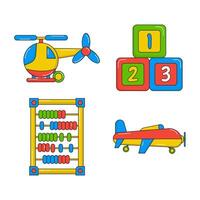 a set of toys and objects including a plane, helicopter, and a number vector