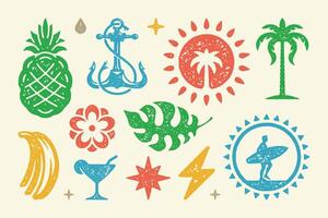 Summer symbols and objects set illustration. Ripe pineapple with summer cocktail vector