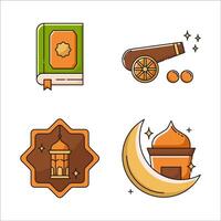 Ramadan Icon Set Style Line Color Objects Al quran, Cannon, lantren and mosquet. vector