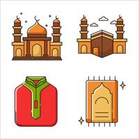 Ramadan Icon Set Style Line Color Objects mosquet, clothing moslem and prayer Rug vector