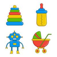 Set Of Kids Toy Objects Pyramid, Bottle Baby Pacifier, Robot and Stroller. vector