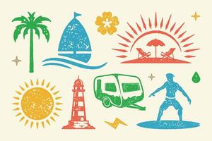Summer symbols and objects set illustration. Coastal lighthouse with camping trailer vector