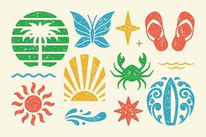 Summer symbols and objects set illustration. Summer sandals with sea crab and rising sun vector
