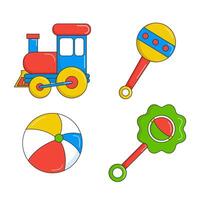 Set Of Kids Toy Objects Toy Train, Rattle ,Toy Ball and Baby Rattle. vector