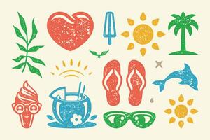 Summer symbols and objects set illustration. Glamorous slippers with blooming palm tree vector