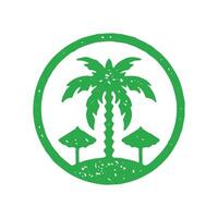 Romantic tropical circle frame logo with palm tree island and two sunbathing umbrella grunge texture vector