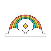 Curved bright striped rainbow with shining star fluffy cloud sky weather pop art groovy style vector