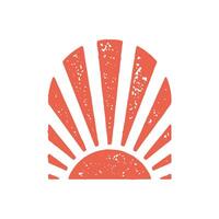 Hand drawn aesthetic bohemian red sun with shine rays curved decorative frame design grunge texture vector