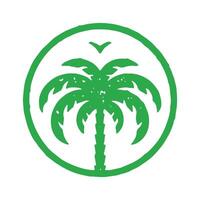 Tropical resort travel vacation logotype with palm tree and seagull in circle frame grunge texture vector