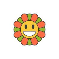 Funny chamomile smiling character multicolored petals pop art t shirt print groovy design vector