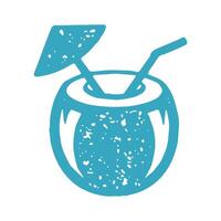Coconut summer cocktail straw and umbrella refreshing natural beverage blue logotype grunge texture vector