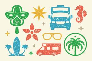 Summer symbols and objects set illustration. Seahorse with tropical island and palm trees vector