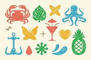 Summer symbols and objects set illustration. Cocktail with umbrella and ripe pineapple vector