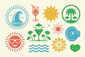 Summer symbols and objects set illustration. Tropical island with palm trees and sea waves vector
