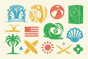 Summer symbols and objects set illustration. Vintage music speaker with precious shell and sun symbol vector