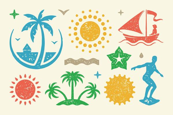 Summer symbols and objects set illustration. Bright sun and female silhouette of boat