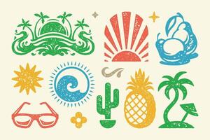 Summer symbols and objects set illustration.Bright symbol of rising sun with palm tree and umbrella vector