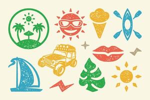 Summer symbols and objects set illustration. Jeep for travel with rowboat and sailboat vector