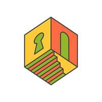 Abstract pop art cube shape with arch entrance stairs and lock hole isometric cartoon vector